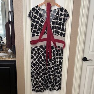 BCBGMaxAzria Black and White Midi Dress with Red Sash